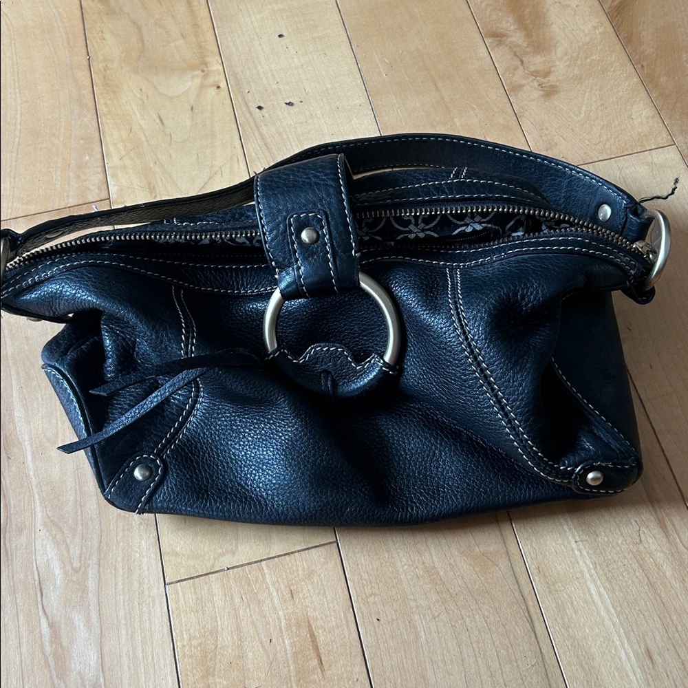 Vintage Jones New York Black Leather Bag with Silver Details